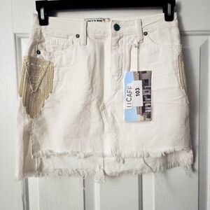 White Movement By Free People Denim Skirt with Fringe and Gold Accents